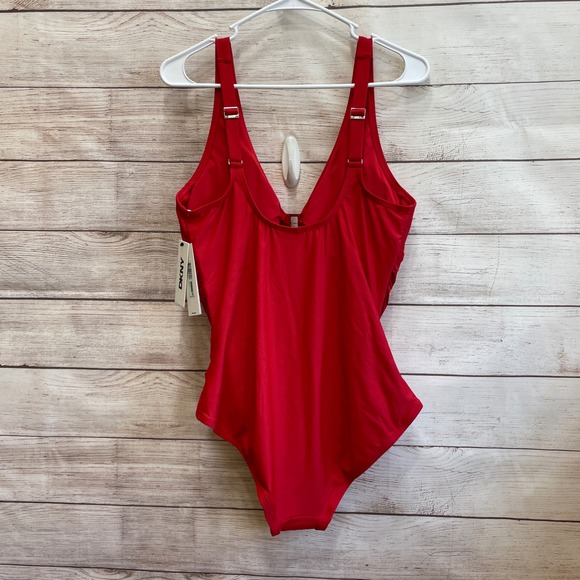 NEW WITH TAGS DKNY CABANA PLUNGE RING FRONT ONE PIECE SWIMSUIT‎ IN RED - Picture 4 of 7
